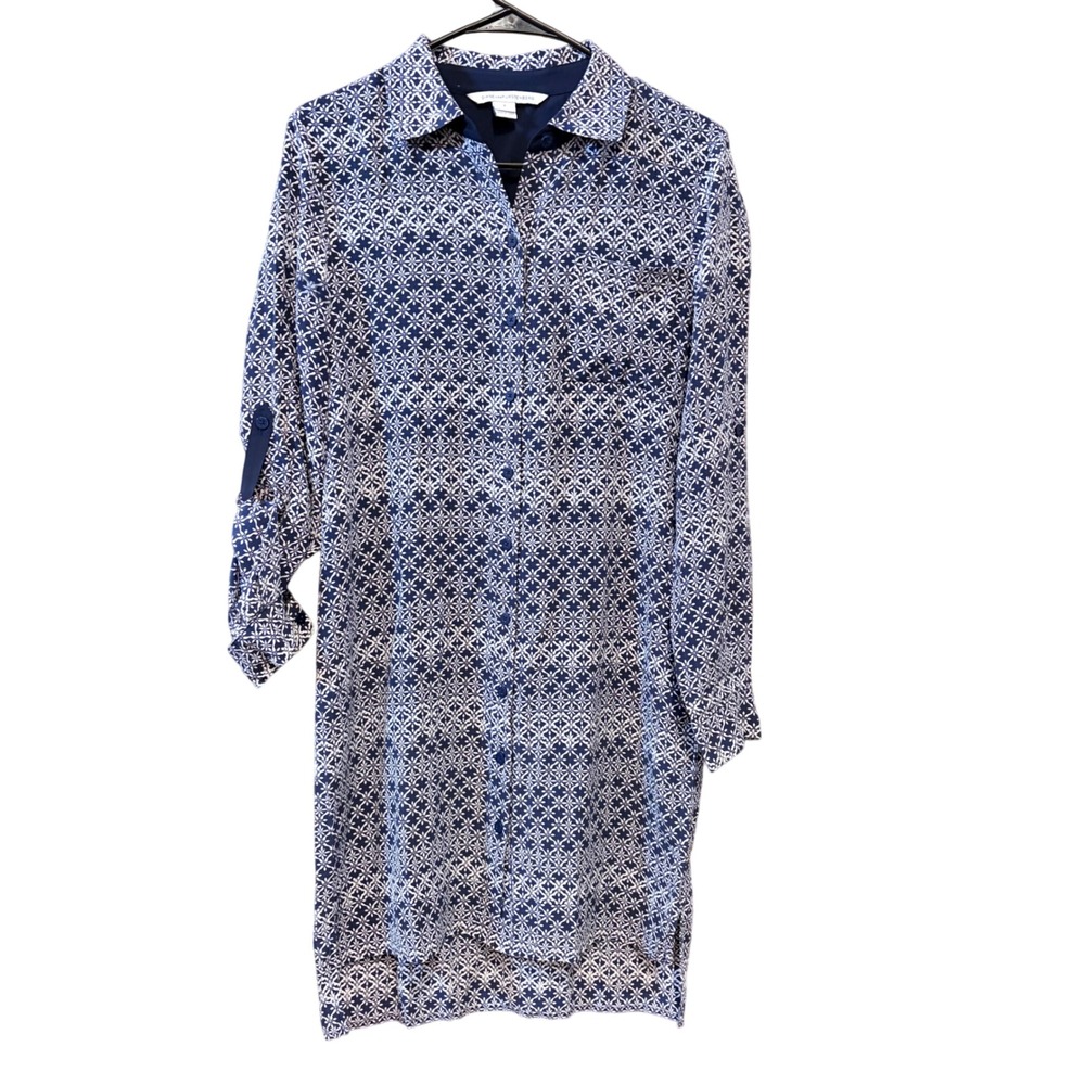 Diane von Furstenberg Prita Silk Shirt Dress Blue White Geometric with Belt Sz 6